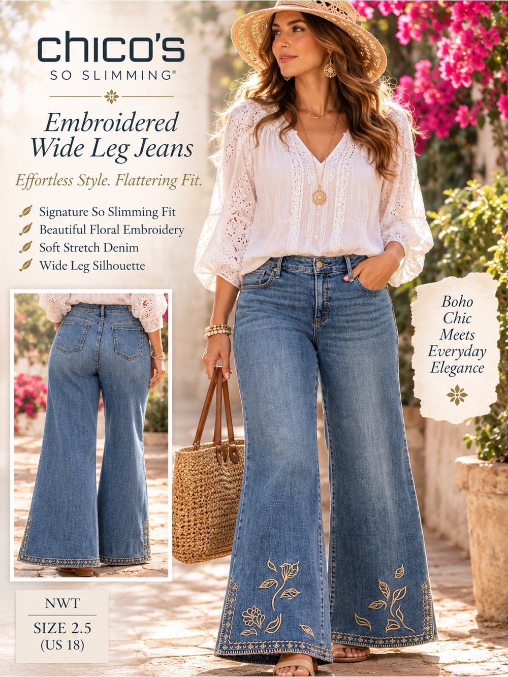 Chico’s So Slimming Embroidered Wide Leg Jean Boho Floral Denim Cottage SZ 2.5